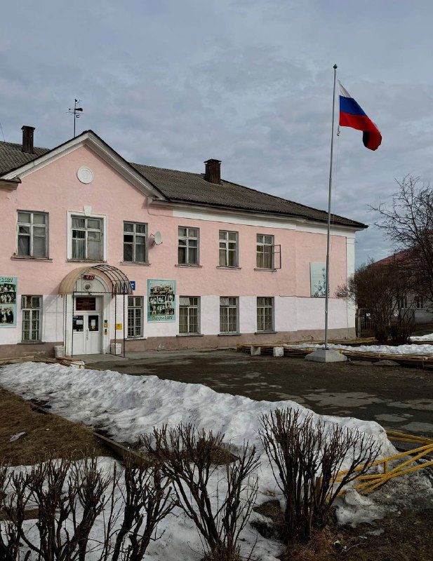 Розовое муниципальное здание в Карпинске с поднятым российским флагом на фоне серого неба и остатками снега на газоне у входа.