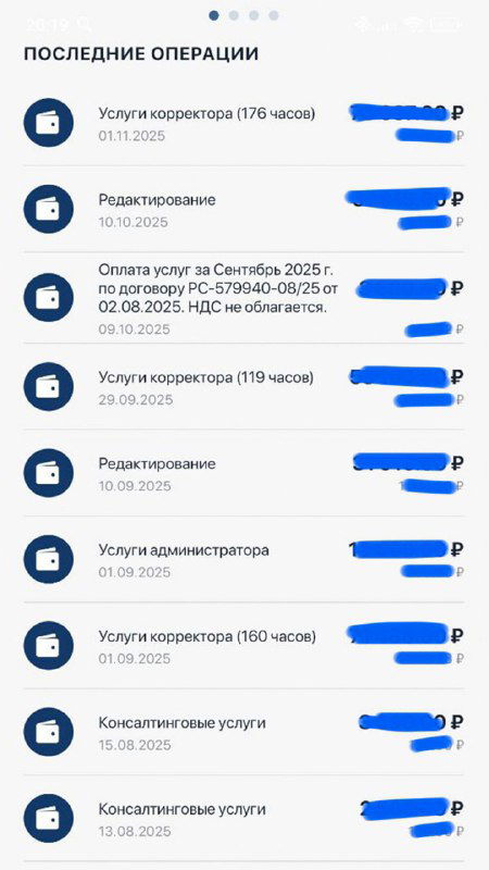 Вертикальный скриншот интерфейса «Мой налог»: список последних операций и услуг, названия пунктов видны, конкретные суммы скрыты/замазаны