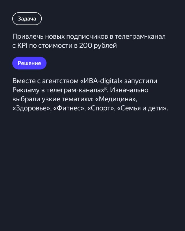 Слайд с задачей и решением: привлечение подписчиков, сотрудничество с агентством ИВА-digital и выбор тем для размещений.