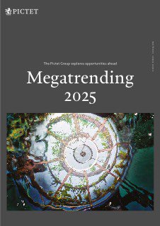 Обложка 'Megatrending 2025' от Pictet: темно-серая обложка с центральной иллюстрацией в виде круговой композиции и небольшим логотипом Pictet вверху.