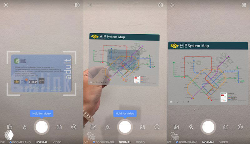 Серия скриншотов: камера с AR‑фильтром накладывает на экран схему Сингапурского метро при наведении на карточку проездного.