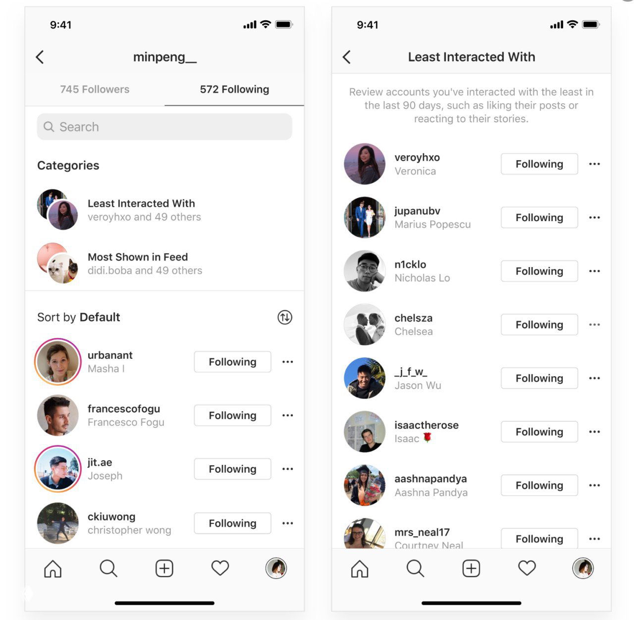 Скриншоты интерфейса Instagram: экран подписок с категориями «реже взаимодействую» и «чаще вижу в ленте», список аккаунтов.