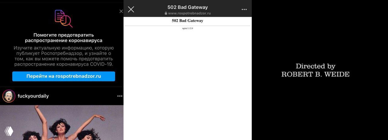 Скриншот Instagram: предупреждение о коронавирусе с ссылкой на rospotrebnadzor.ru и окно с ошибкой 502.