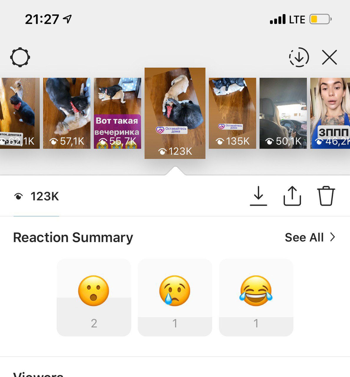 Скриншот статистики Instagram Stories из закрытого профиля: ряд Историй с наклейкой «СИДИДОМА» и крупные цифры охватов.
