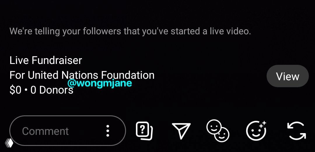 Скриншот интерфейса Instagram Live с тестовой карточкой «Live Fundraiser», где указана организация, сумма и число доноров в эфире.