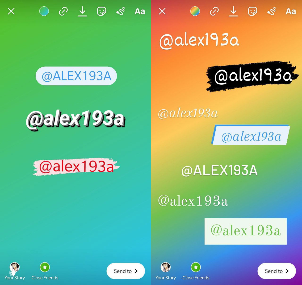 Коллаж скриншотов интерфейса Instagram Stories с разными вариантами новых стилизованных шрифтов и оформления текста в рассказах.
