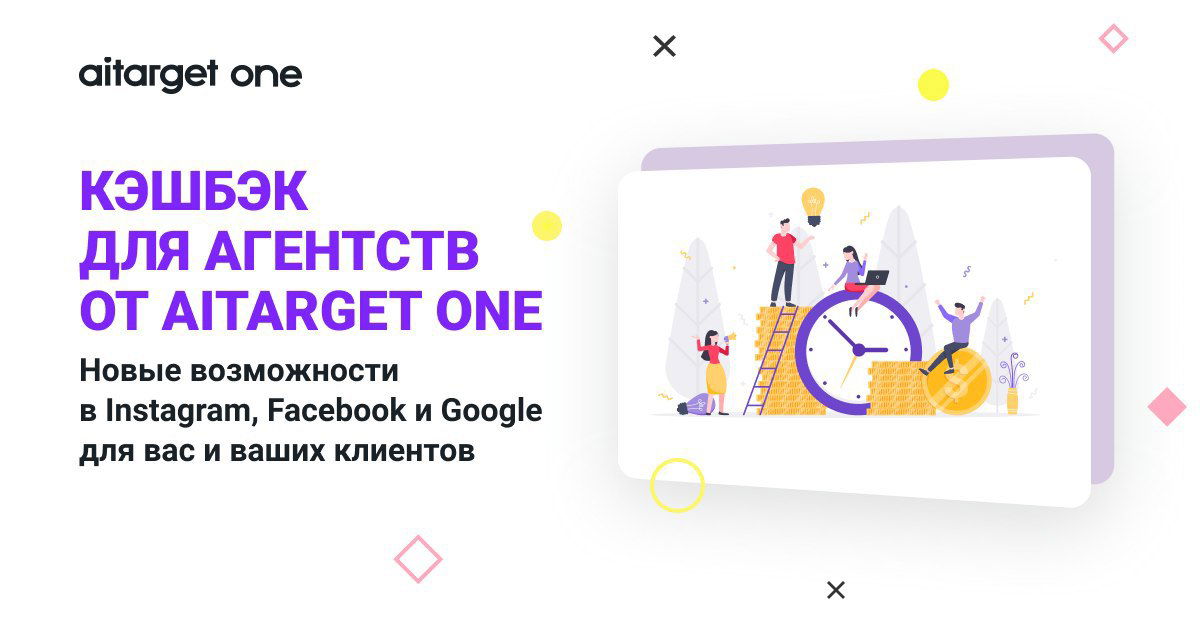 Баннер Aitarget One: кэшбэк для агентств и оптимизация рекламы в Instagram и Google; иллюстрация людей, часов и монет.