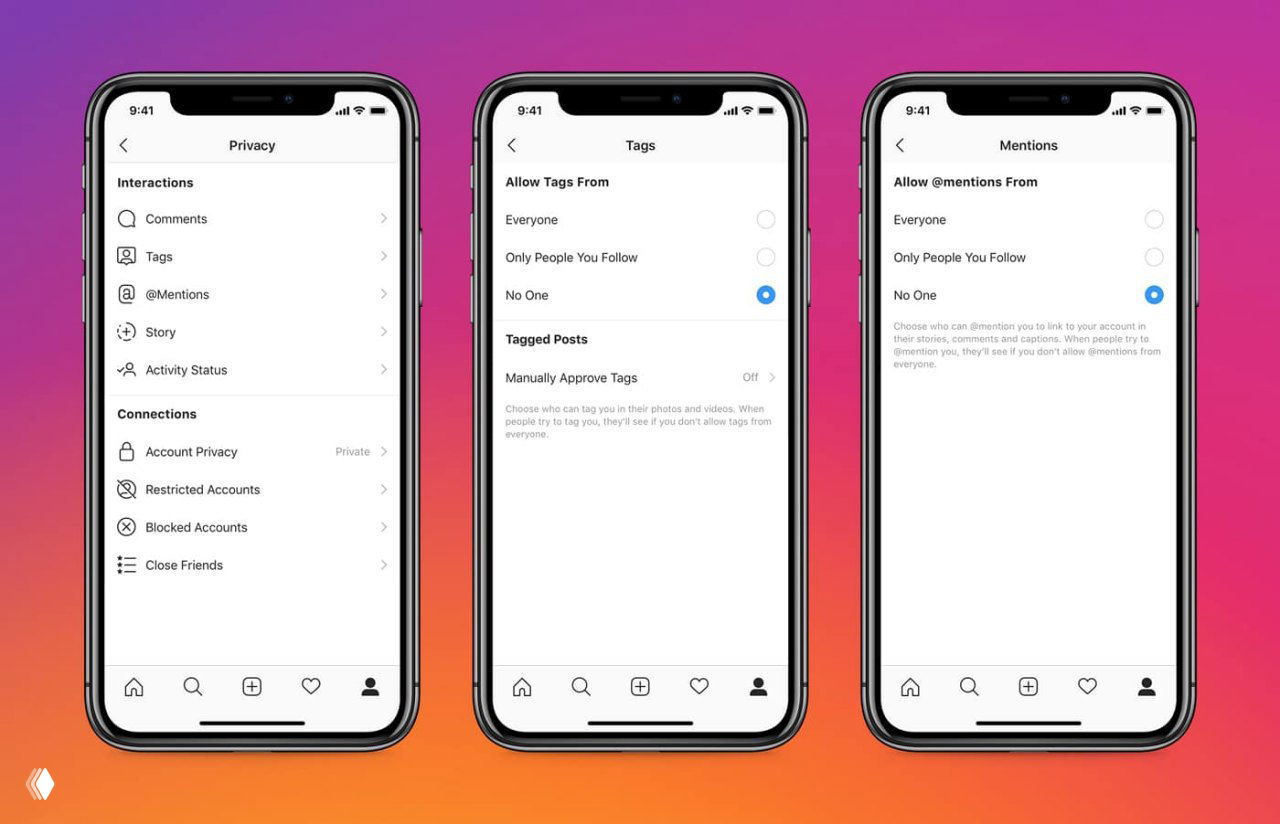 Три экрана мобильного интерфейса Instagram с настройками приватности и управления комментариями, тегами и упоминаниями.