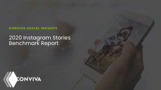 Обложка отчёта Conviva «2020 Instagram Stories Benchmark Report»: смартфон с открытыми Instagram Stories, размытый фон, логотип и заголовок отчёта.