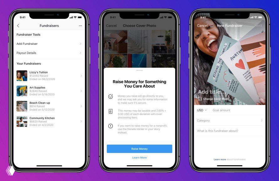 Три макета экрана мобильного приложения Instagram с интерфейсом сбора средств и страницей создания фандрайзера на пурпурном фоне, демонстрация самого процесса
