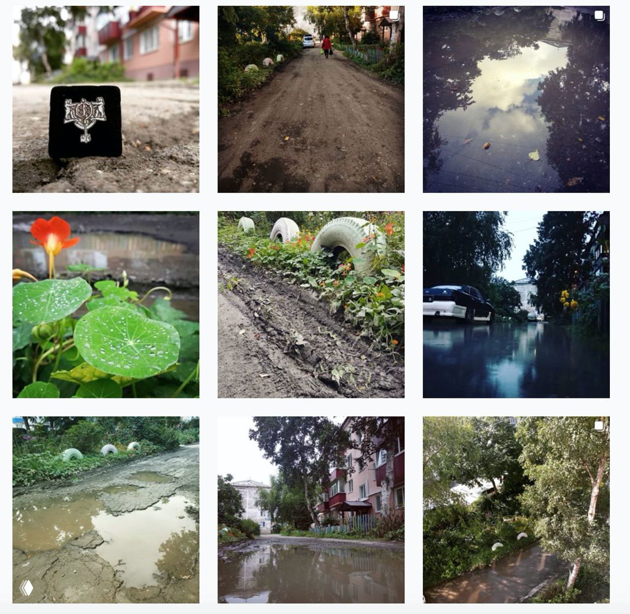 Фотоколлаж: кадры лужи и окрестностей Южно‑Сахалинска — дороги, стоячая вода, растения и дворы, иллюстрирующие инста‑профиль «Я лужа у дома».