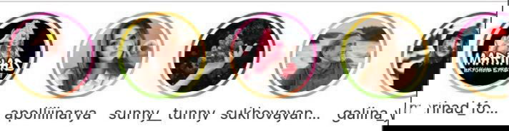 Ряд круглых аватаров сторис с цветными ободками, демонстрация оформления рамок вокруг Историй в Instagram в честь праздника