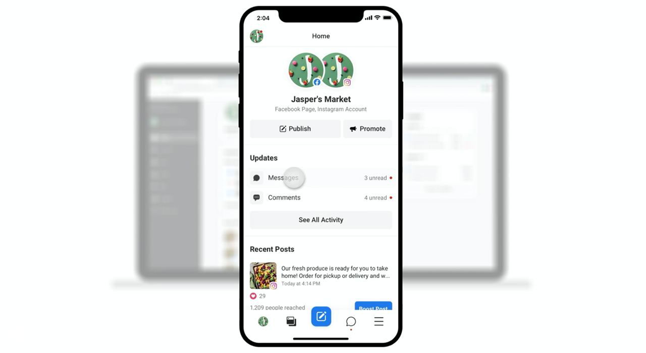 Интерфейс Facebook Business Suite на смартфоне: панель управления страницей, публикациями и уведомлениями на экране, на размытом фоне ноутбука.