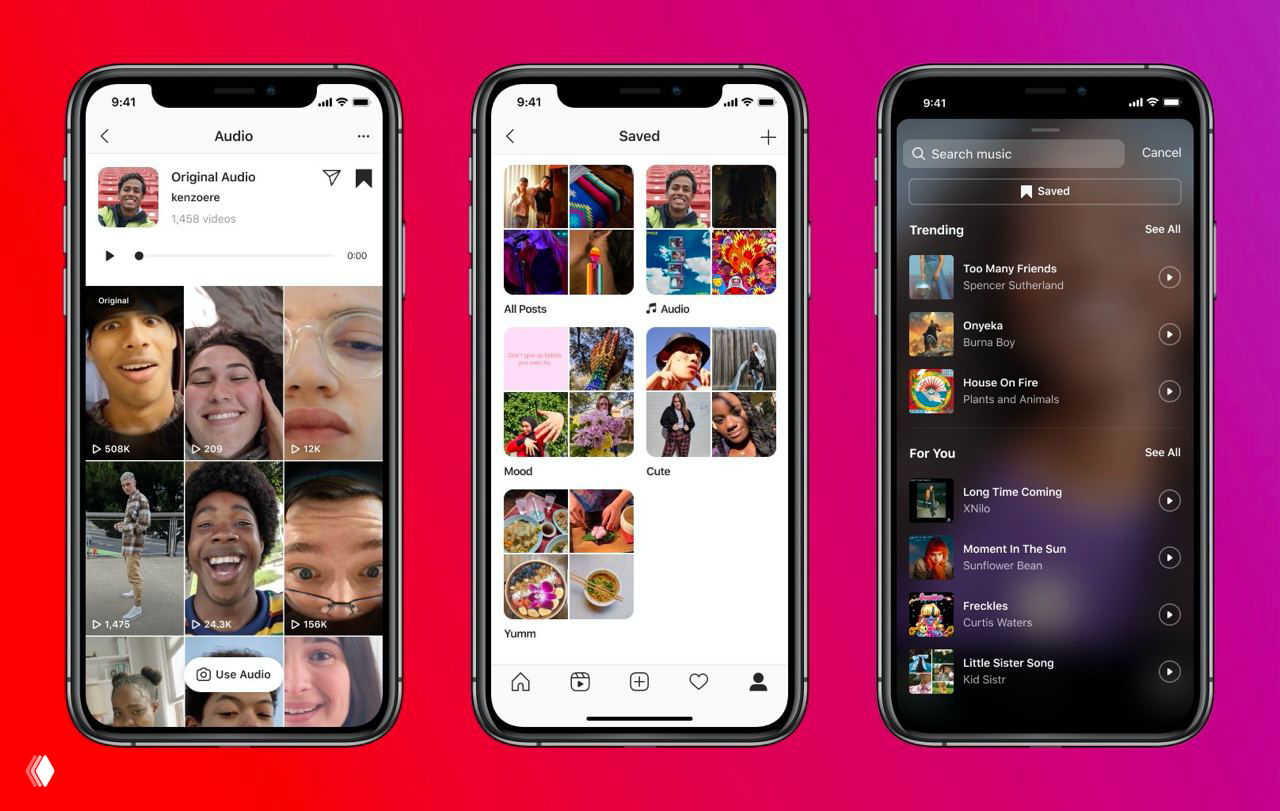 Три экрана смартфонов с интерфейсом Instagram Reels: страница аудио, сохранённые клипы и Audio Browser с поиском треков