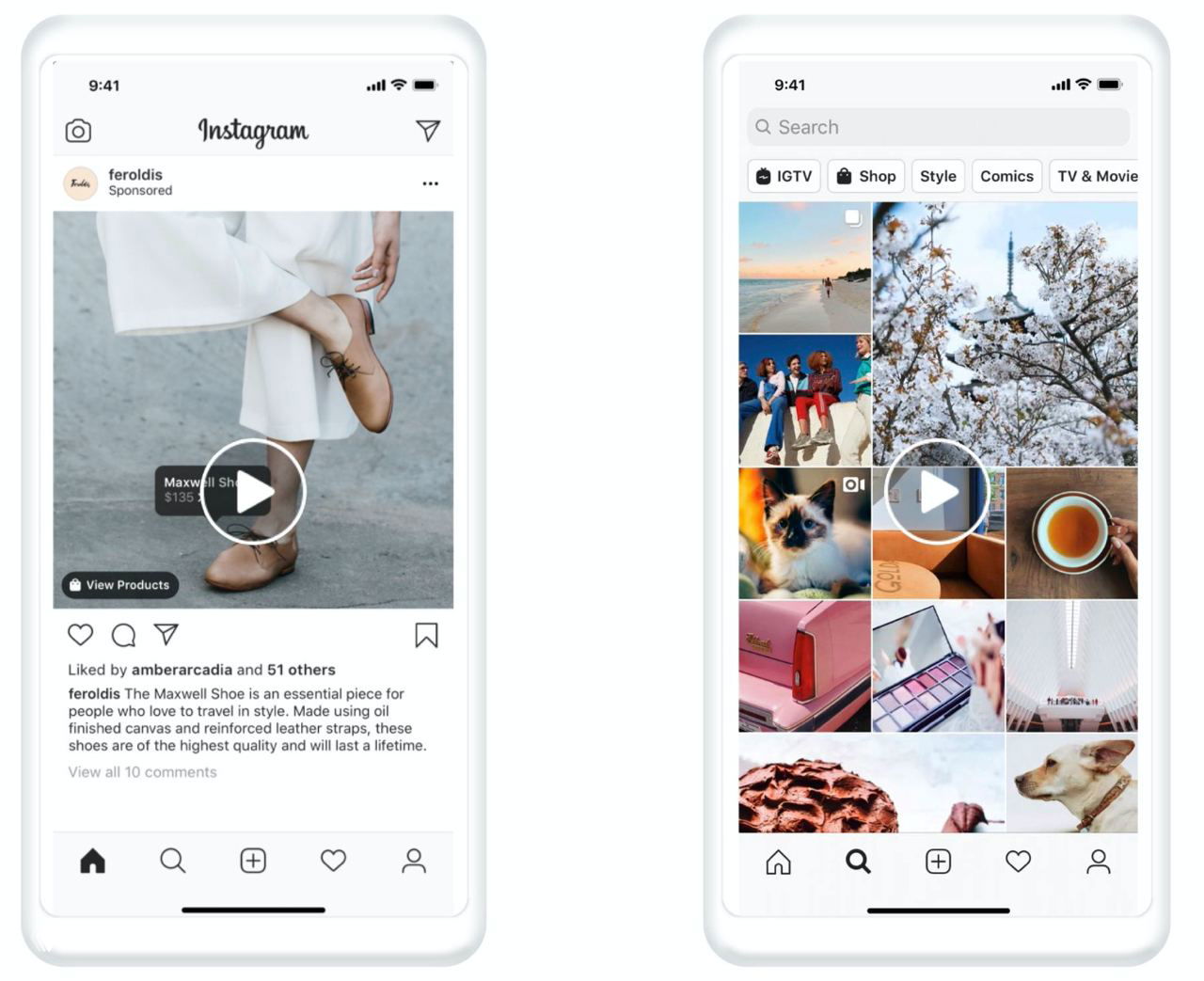 Скриншот интерфейса мобильного приложения с примером рекламного поста и тегом товара в ленте — демонстрация Shopping Tags и оформления объявления.