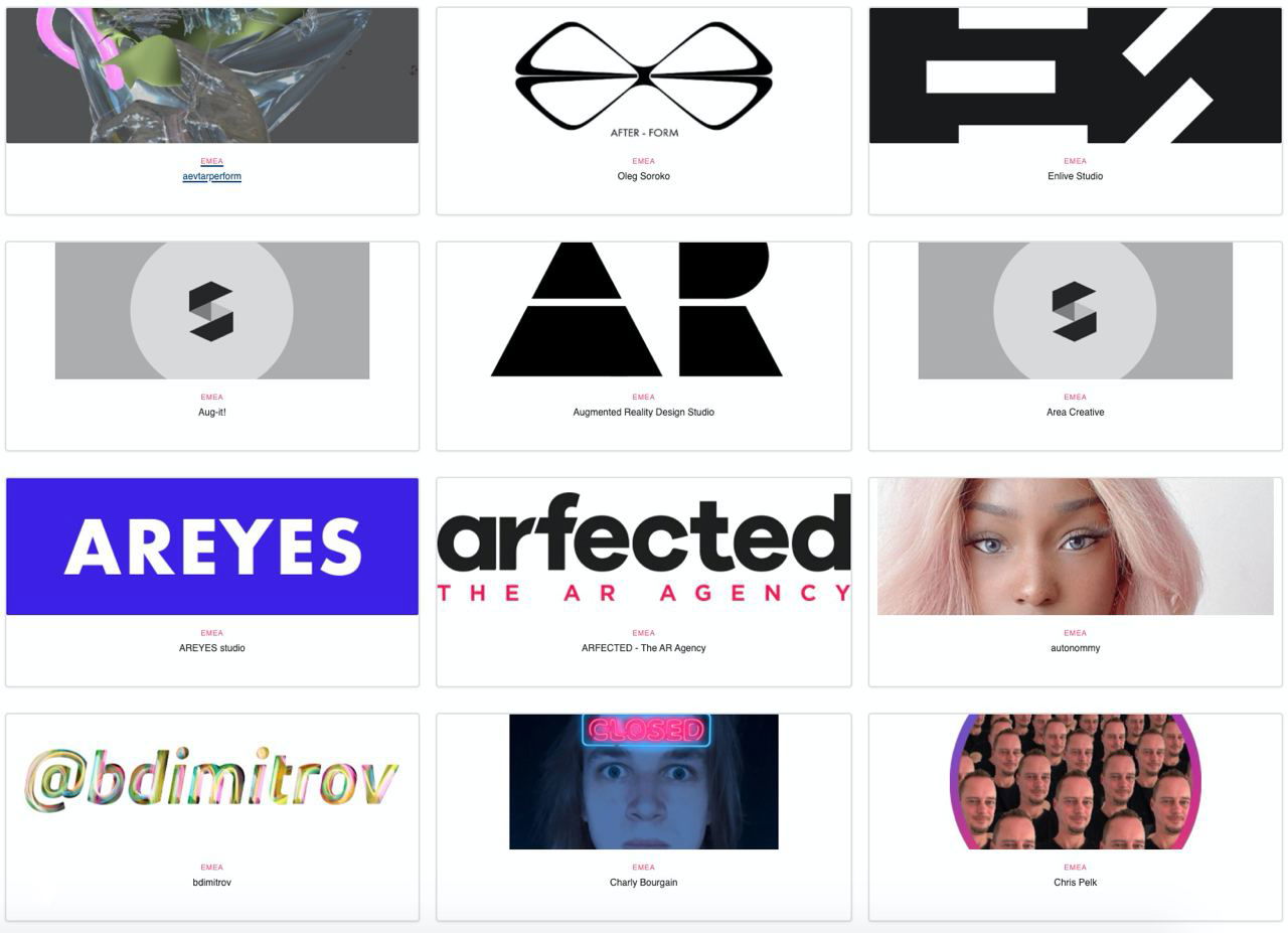 Скриншот страницы Spark AR Partners: сетка логотипов, миниатюр и названий агентств и фрилансеров, перечисленных в подборке Facebook.