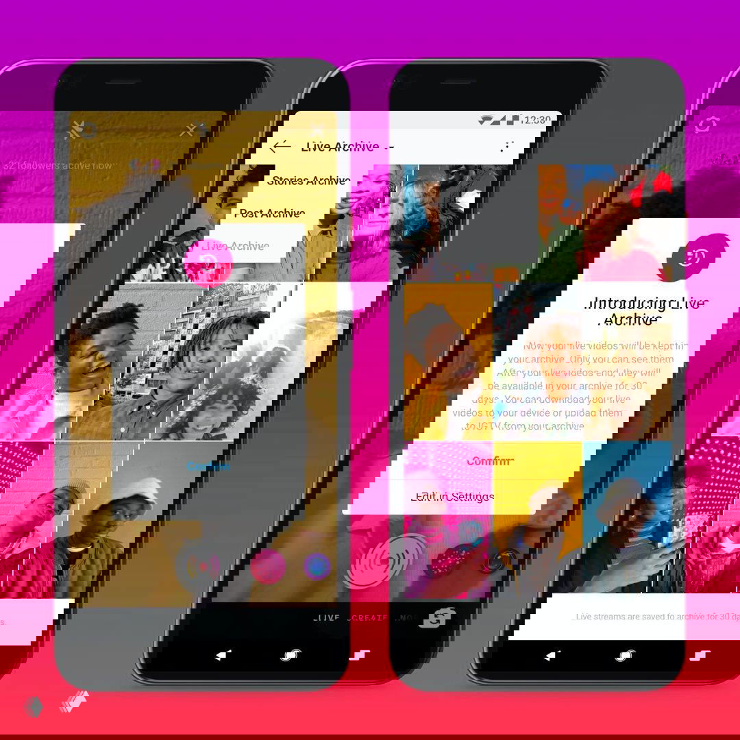 На изображении два смартфона с интерфейсом Instagram: уведомление о Live Archive и сетка сохранённых прямых эфиров.