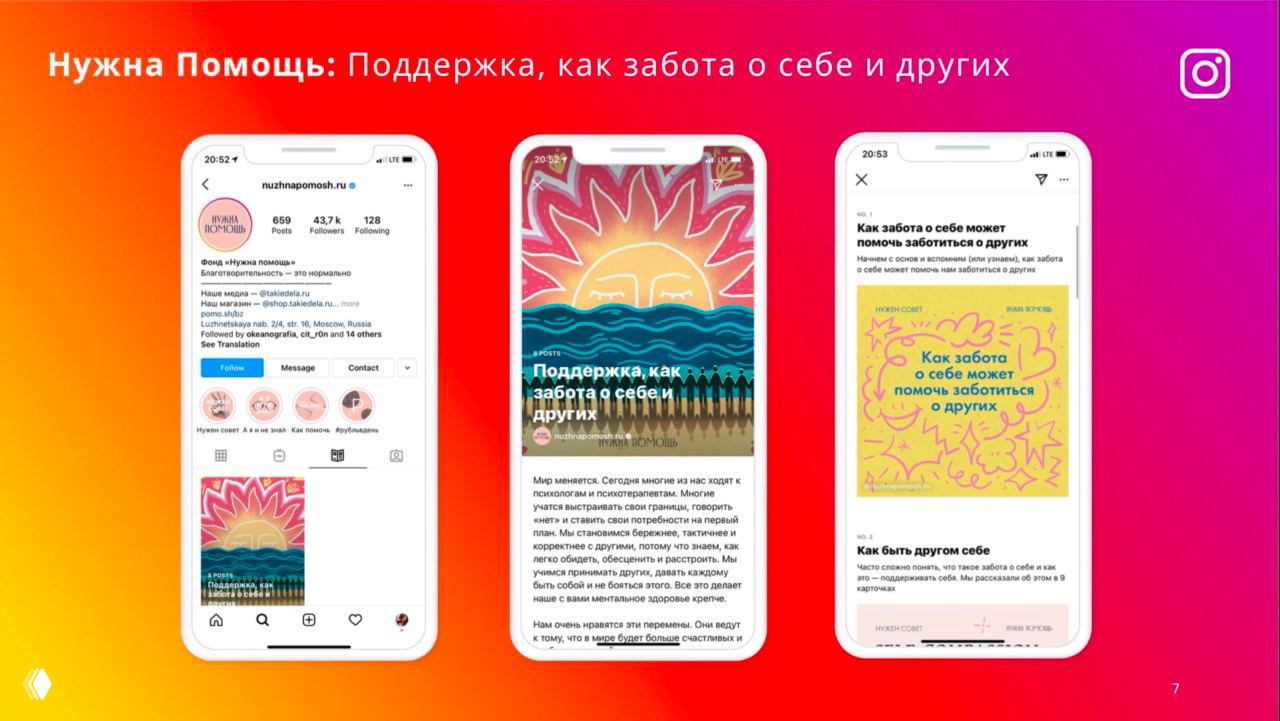Скриншоты мобильных экранов Instagram Guides на градиентном фоне: превью гайда «Поддержка как забота о себе и других» и карточки содержания статьи, три телефона в ряд.
