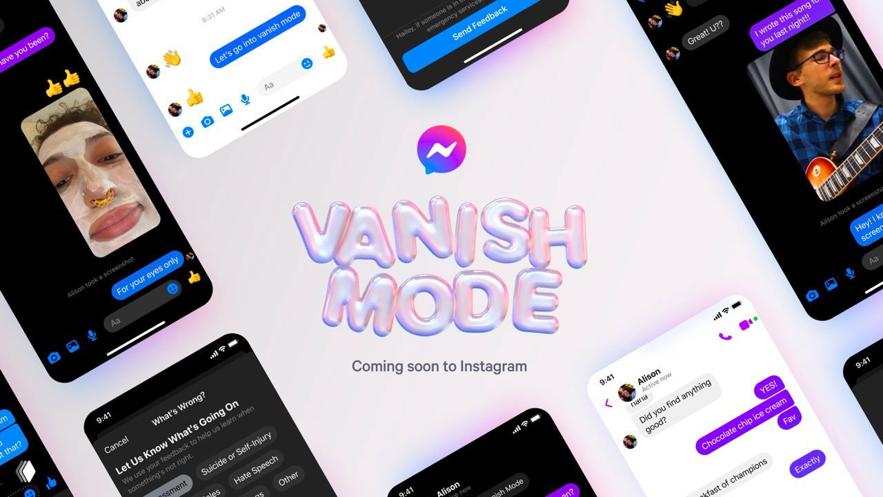 Баннер с рекламой Vanish Mode: логотип Messenger и макеты чатов Messenger/Direct, показывающие исчезающие сообщения.