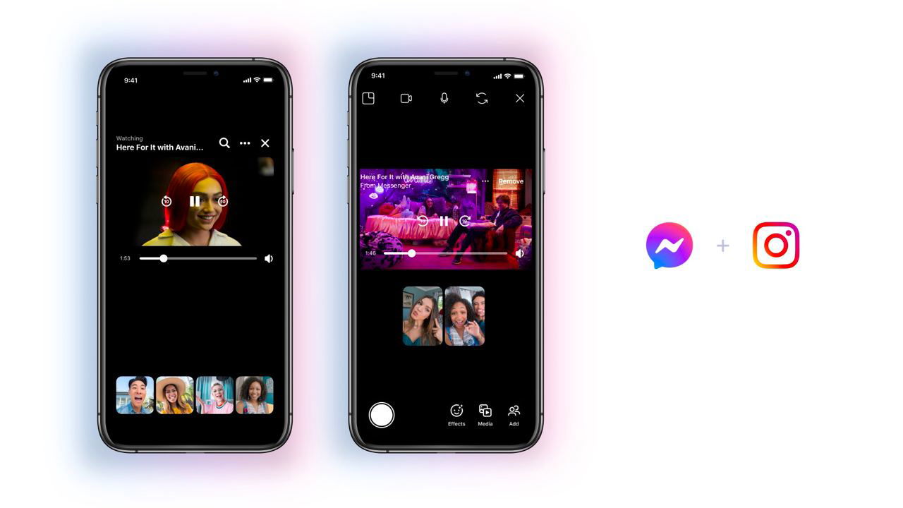 Скриншот интерфейса просмотра: два смартфона с плеером и миниатюрами зрителей, логотипы Messenger и Instagram.