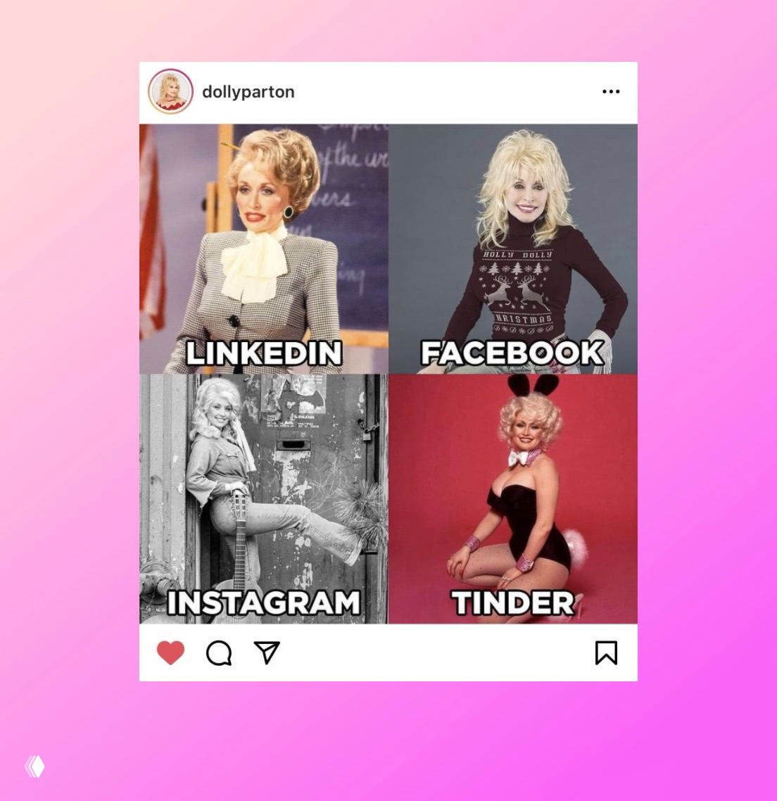 Коллаж из четырёх Instagram-мемов в оформлении скриншота: разные люди и подписи в ячейках для LinkedIn, Facebook, Instagram и Tinder.