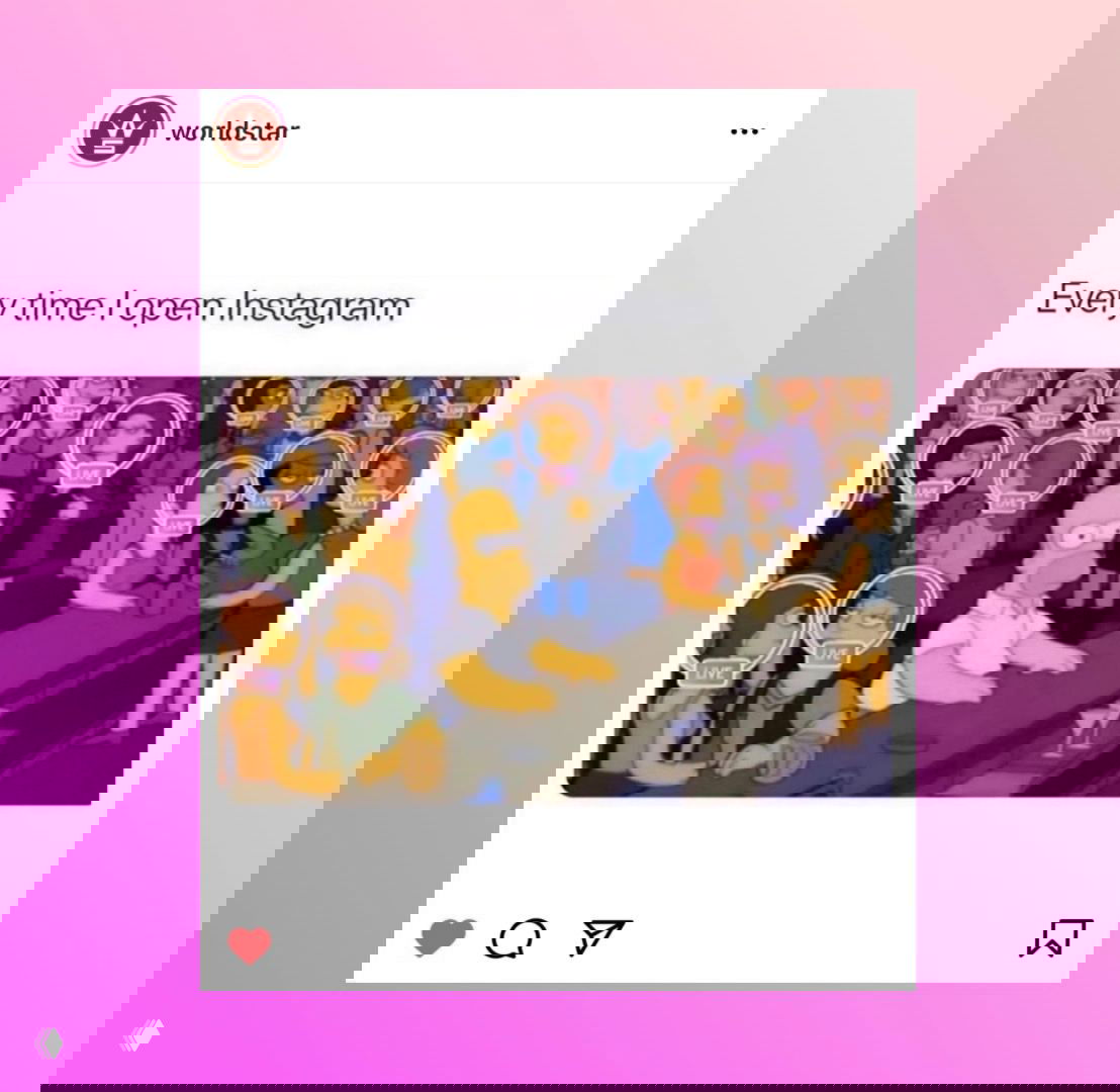 Скриншот поста в формате Instagram с подписью «Every time I open Instagram» и мультяшной сценой бара, где у большинства людей отображаются значки live.