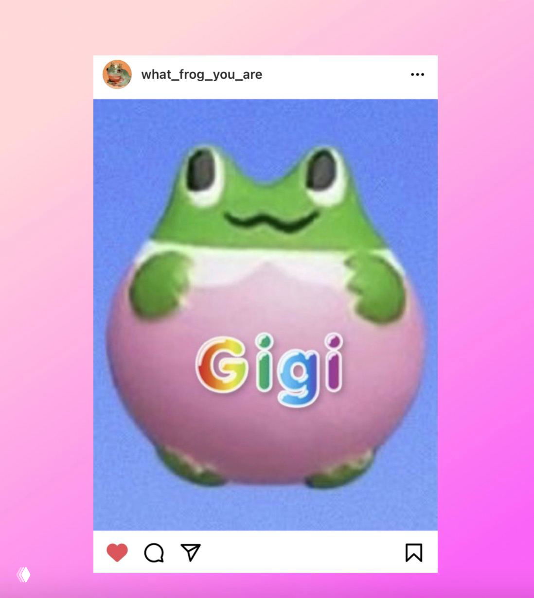 Квадратное изображение-мем с мультяшной зелёной лягушкой на пастельном фоне и яркой надписью "Gigi" в центре композиции, оформленное как Instagram-пост.