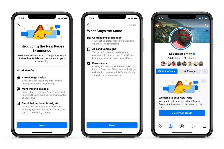 Скриншоты на трёх смартфонах: новый интерфейс Facebook Pages Experience, превью ленты бизнес‑страницы и настройки доступа.