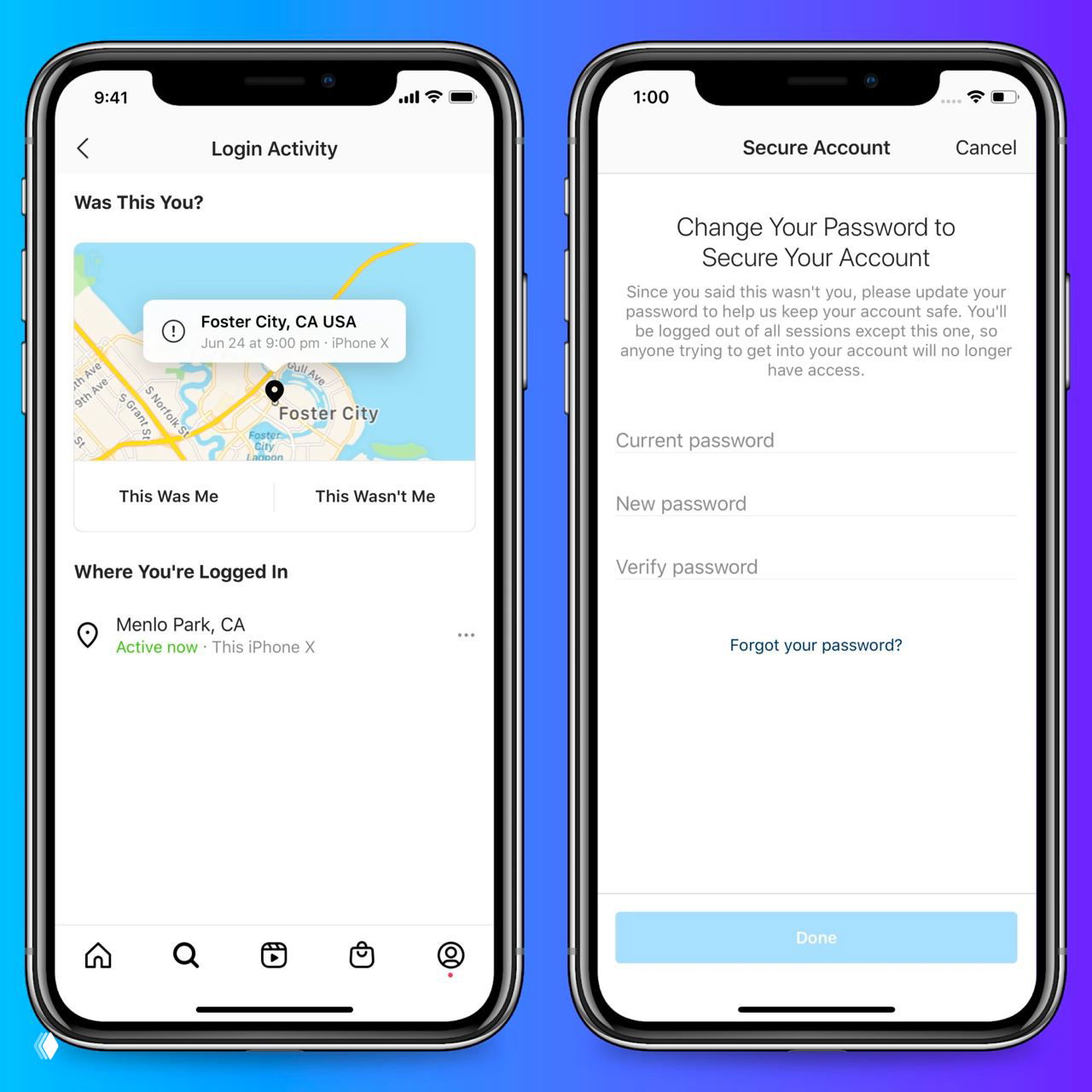 Скриншоты интерфейса Instagram: карта активности входов и экран смены пароля — иллюстрация функций безопасности аккаунта.