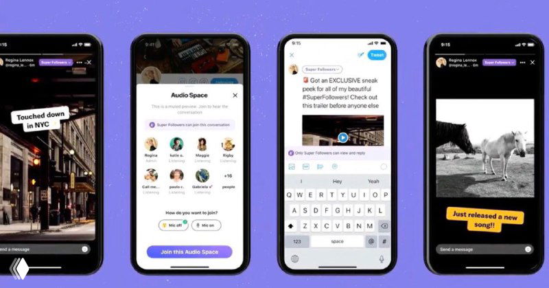Мобильный экран с интерфейсом Twitter: превью ленты и элементы управления, демонстрация дизайна новых функций и сообществ для подписчиков