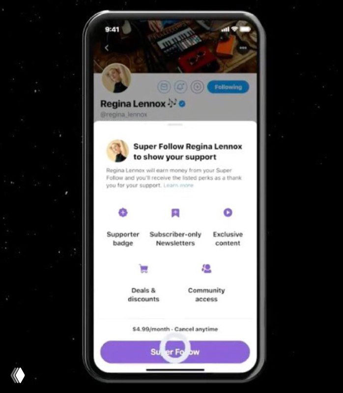 Экран смартфона с описанием подписки и paywall в Twitter: цена $4,99, опция эксклюзивного контента и кнопка оформления подписки видны на экране