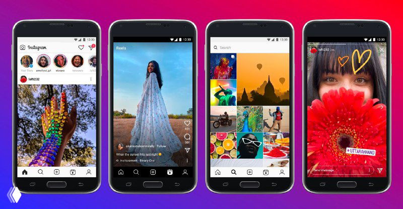 Изображение: четыре смартфона Android на градиентном фоне; на экранах виден упрощённый интерфейс Instagram Lite с гифками.