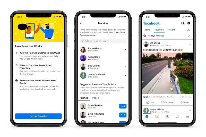 Скриншот мобильного приложения Facebook: экран «Избранное» со списком страниц и профилей, приоритезация контента в отдельной ленте.