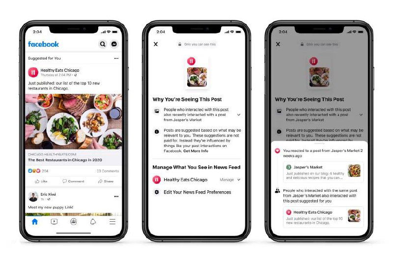 Скриншоты раздела «Почему я это вижу» в Facebook на смартфоне: объяснения факторов показа поста (взаимодействие, темы, местоположение).