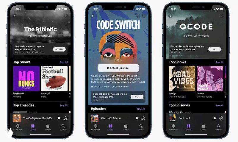 Скриншоты интерфейса Apple Podcasts на трёх iPhone: обновлённые обложки, страницы шоу, каналы и список эпизодов в приложении
