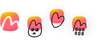 Коллаж вариантов логотипа и иконок: сердце, ушки кота, домик и абстрактные формы на градиентном розово‑жёлтом фоне, демонстрация айдентики.