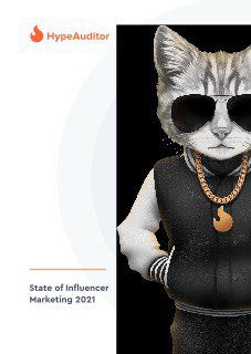 Обложка отчёта HypeAuditor: стилизованный кот в солнцезащитных очках и цепочке на фоне надписи «State of Influencer Marketing 2021»