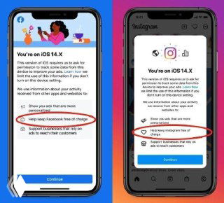 Два скриншота iPhone с окнами iOS 14.5 в Instagram и Facebook, показывающими запрос разрешения на сбор данных для показа персонализированной рекламы.