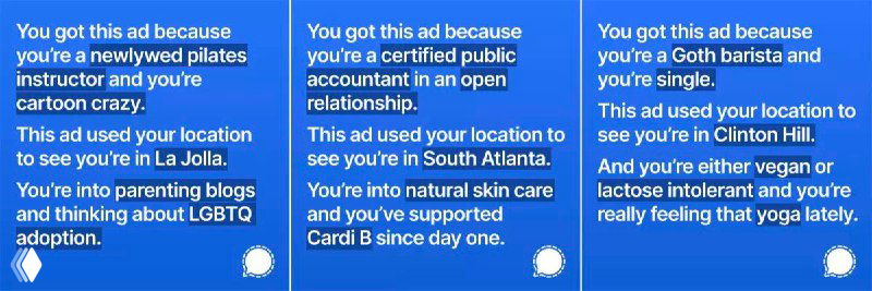 Скриншот рекламы Signal в Instagram: синие карточки с английским текстом, объясняющим, почему показывается объявление.