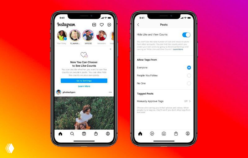 Скриншот интерфейса Instagram на смартфоне: экран с уведомлением об эксперименте и настройками показа лайков в ленте и меню приложения.