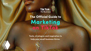 Обложка официального гайда TikTok For Business: текст «The Official Guide to Marketing on TikTok» на фоне золотой ткани и фрагмент модели.