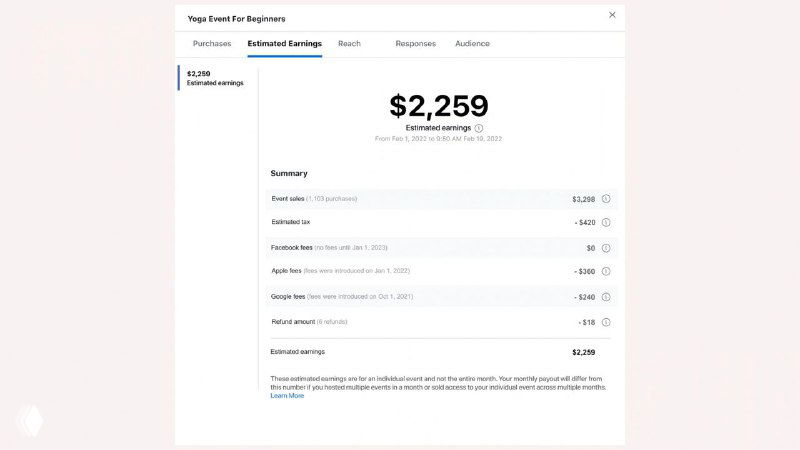 Скриншот панели выплат с суммой $2,259 и подробной таблицей разбивки доходов; интерфейс на бледном фоне, небольшой логотип в левом нижнем углу.