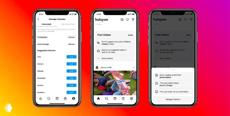 Несколько экранов мобильного Instagram, показывающие настройки и превью рекомендованных публикаций; заметны элементы интерфейса и пункты меню.