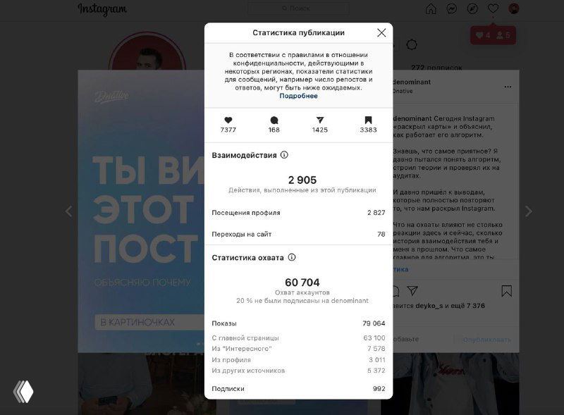 Скриншот окна с новой статистикой в веб‑версии Instagram: всплывающее меню с показателями охвата, подписок и вовлечённости.