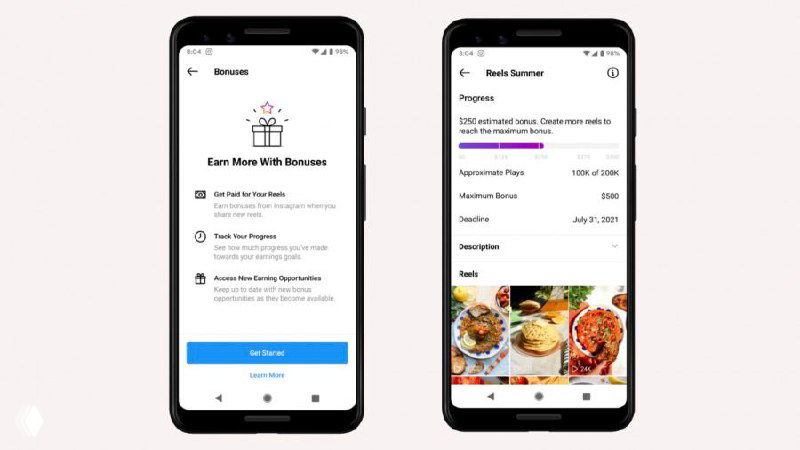 Скриншоты экранов приложения Instagram: страницы с описанием программ поддержки авторов, выплат за Reels, IGTV и платных онлайн‑мероприятий.