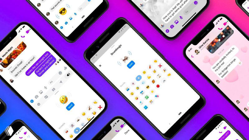 Смартфоны с интерфейсом Messenger и примерами эмодзи; иллюстрация функции Soundmoji и визуального оформления чатов.
