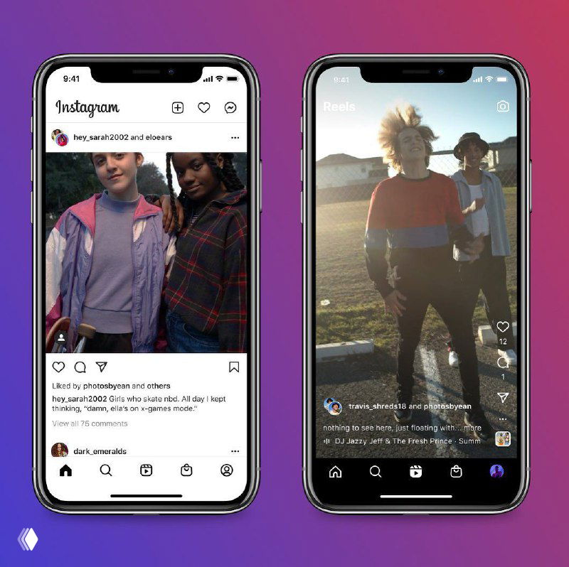 Два смартфона на пурпурном градиентном фоне; на экранах видны пример обычного поста и Reels в интерфейсе Instagram, иллюстрация коллабораций.