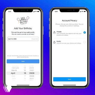 Экран смартфона Instagram: ввод даты рождения и выбор приватности аккаунта, иллюстрация настройки приватного профиля для пользователей младше 16 лет.