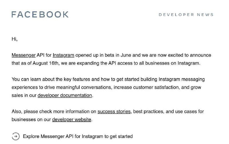 Скриншот страницы разработчиков: объявление о выходе API Direct из беты для бизнес‑аккаунтов, видно заголовок и интерфейс.
