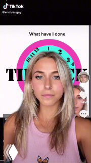 Кадр из итогового видео: Эмили на фоне яркого графического коллажа с текстом "What have I done" — итоговый визуал редизайна и самоиронии.